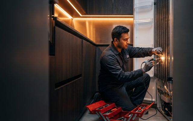 Appliance repair technician fixing a refrigerator in a home kitchen