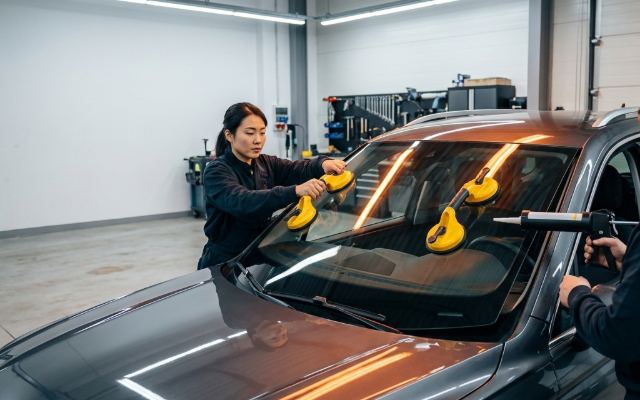 Auto glass technicians installing a new windshield