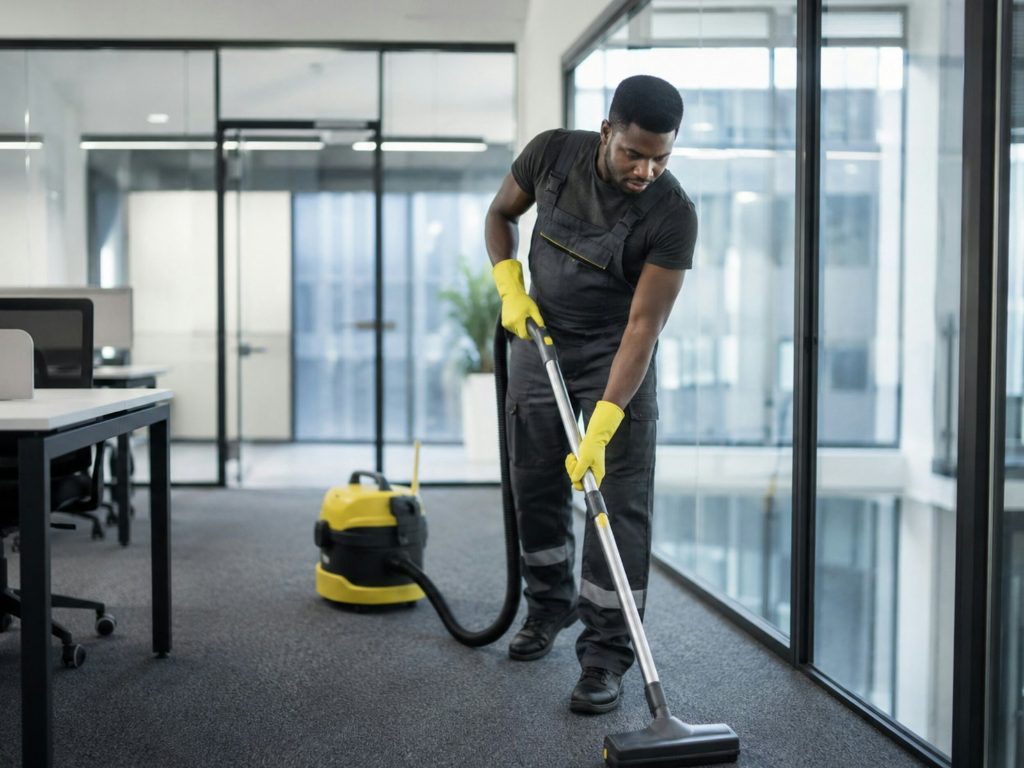 Carpet cleaning technician cleaning an office carpet