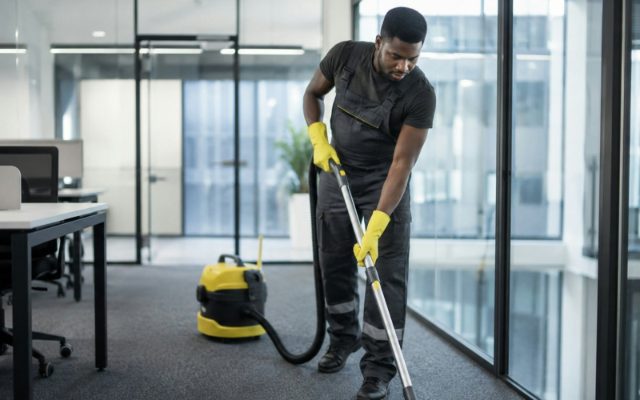 Carpet cleaning technician cleaning an office carpet