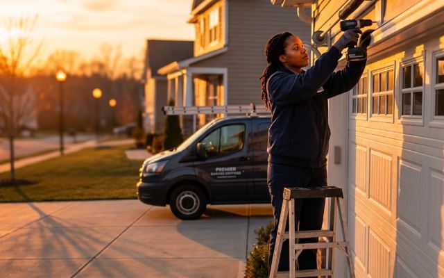 Garage door technician repairing a garage door outside a home