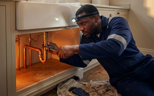 Plumber repairing pipes under a kitchen sink