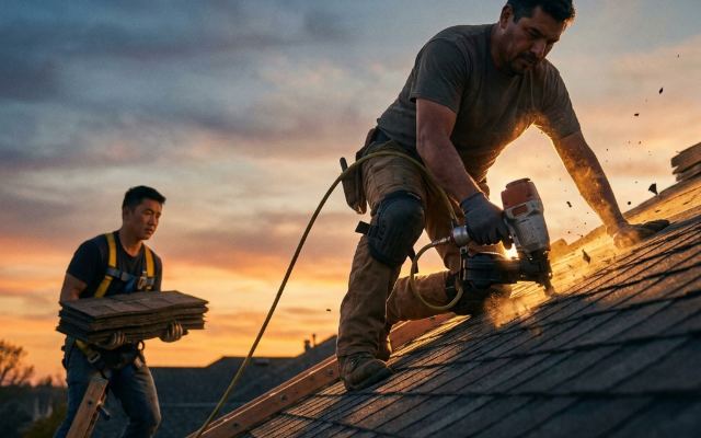 Roofing crew installing shingles on a roof at sunset