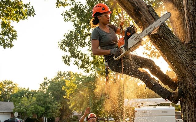 Tree service arborist cutting a limb with a chainsaw