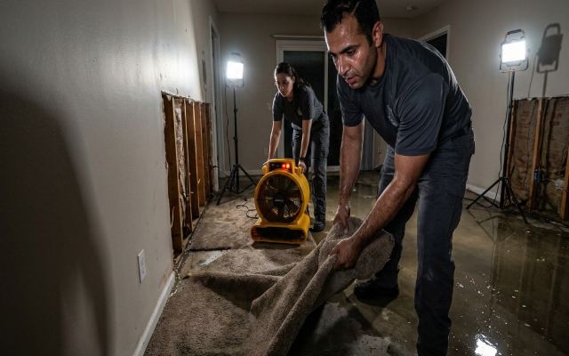 Water damage restoration crew drying out a flooded home