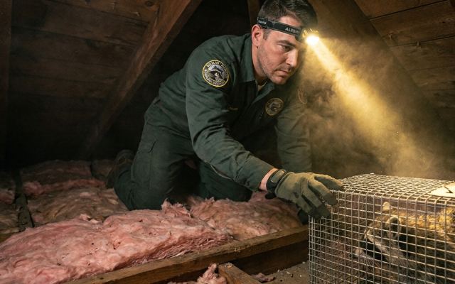 Wildlife removal technician trapping a raccoon in an attic